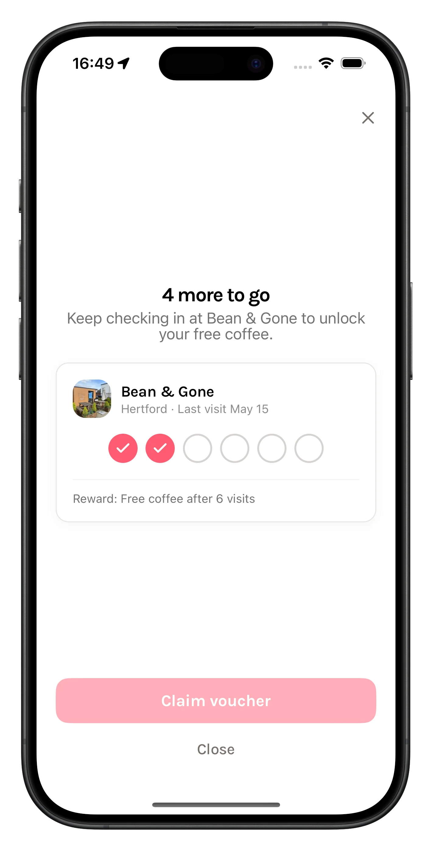 A partner shop’s digital stamp card in the Coffee Filtered app